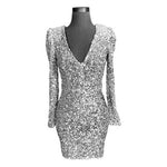 Lulus Silver Sequin Bodycon Mini Dress Size XS Long Sleeve V-Neck Lined NWT