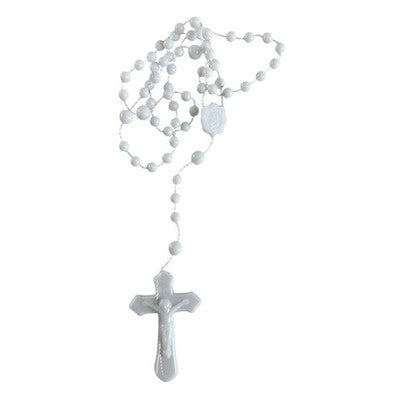 White Plastic Beaded Rosary Necklace Cross Pendant Christianity Vatican Rosary