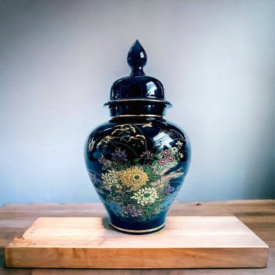 Large Japanese Ceramic Ginger Jar 12" Gold Black Geometric Canister Lid NWOB