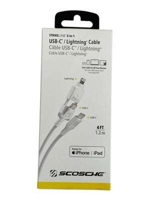 Scosche StrikeLine 2-in-1 USB-C Lightning Cable 4FT MFi White NIB