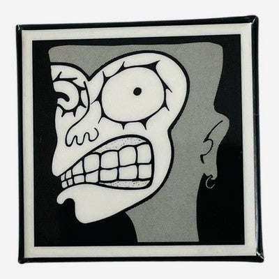 Vintage Square Pin Stylized Black White Grimacing Face Graphic 2x2 Enamel Button