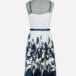 Dressbarn Navy Blue White Floral Belted Fit Flare Midi Dress Women Size 10 EXC