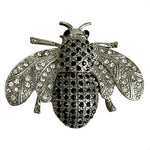 Vintage White Black Crystals Silver tone Bee Brooch 2”x1.5”