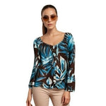 Tommy Bahama Silk Cotton Off Shoulder Blouse XXS Blue Brown Plants Top $138 NWT