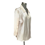 Nicole Miller New York Silk Satin Blouse V-Neck Collared Top Ivory Sz L Elegant