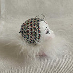Vintage Porcelain Harlequin Clown Head Ornament Rhinestone Tiara White Feather