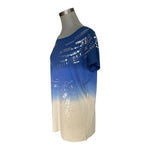 Escada Sequin Embellished Ombre Top Blue Cream Short Sleeve Womens L Sz 40