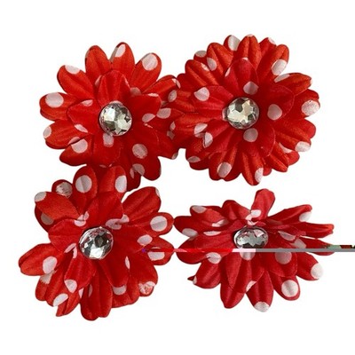 Red & White Polka Dot Fabric Flower Appliques 4pc DIY Craft 2.25in New