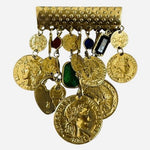 Vintage Gold Tone French Republic Coin Charm Brooch Multi Crystal Statement 3.5"