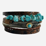 Multi Layer Turquoise Beads Magnetic Buckle Bohemian Wrap Bracelet Leather NWOT