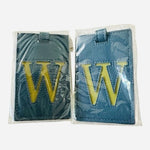 Pair of Teal Mustard Leather Luggage Tags Letter W Monogram New