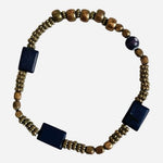 Handmade Elastic Beaded Bracelet Lapis Lazuli Brass Beads One Size Blue Gold