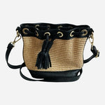 Vera Pelle Straw Woven Leather Bucket Bag Black Crossbody Purse Italy NWOT