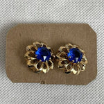 Vintage Gold-Tone Flower Screw Back Earrings with Blue Glass Rhinestones