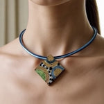 Square Enamel Crystal Pendant Necklace Multicolor Stripe Brass Tone Adjustable