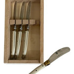 Vintage Laguiole French Cheese/Spreader Knives Set of 4 Wood Box Ivory Handle VG
