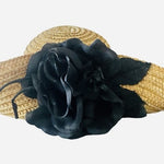 Vintage Wide Brim Natural Straw Sun Hat Black Satin Rose Flower Accent VG