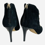 WHBM Peyton Black Suede Stiletto Peep Toe Ankle Bootie Gold Detail Size 7M VG