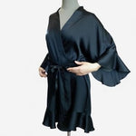 Victoria’s Secret Black Satin Glossy Tie Kimono Robe Ruffled M/L Women's