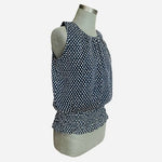 COLLECTIVE CONCEPTS Navy Blue Beige Polka Dot Smocked Waist Sleeveless Blouse M