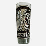 Vintage Mexico Souvenir Shot Glass Aztec Warrior Metal Wrap 4" Collectible VG