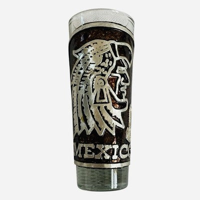 Vintage Mexico Souvenir Shot Glass Aztec Warrior Metal Wrap 4" Collectible VG