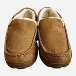 Men’s Brown Faux Suede Moccasin Slippers Sz 12 Faux Fur Lined Indoor Outdoor G+