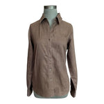 Jones New York Sport Womens Brown Linen Button-Up Shirt M Adjustable Long Sleeve