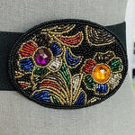 OMEGA Womens Black Wide Elastic Stretch Belt Beaded Oval Buckle M/L Excellent