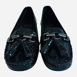 Stuart Weitzman Rascal Black Patent Croc Embossed Tassel Loafers Driving Shoes