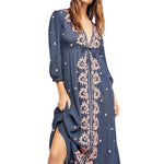 Free People Women's Blue Pink Embroidered Boho Maxi Dress XS V-Neck NWT $168
