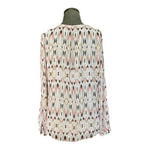 White House Black Market Ivory Geometric Print Slit-Sleeve V-Neck Blouse Top
