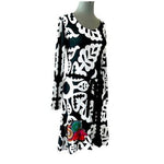 Desigual Women's Gray Black Fit Flare Dress M Embroidered Flower Long Sleeve EXC