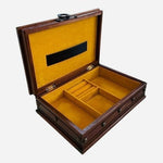 Vintage Wood Brass Leather Jewelry Box 10” Mini Chest Storage Case Velvet Lined