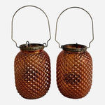 Pair of 5" Amber Diamond Point Glass Candle Holder Lanterns with Metal Handles