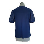CeCe Womens Top M Navy Blue Crewneck Lace Puff Sleeves Blouse EXC