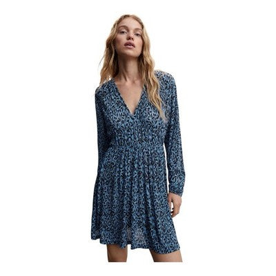 MANGO Textured Floral Pattern Sheer Mini Dress Blue Black V-Neck Dress Sz M EXC