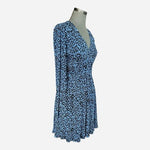 MANGO Textured Floral Pattern Sheer Mini Dress Blue Black V-Neck Dress Sz M EXC