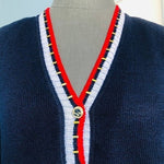 St John Knit Jacket Cardigan S M Vintage Button Front Blue Red White Luxury USA