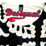 Desigual Women's Gray Black Fit Flare Dress M Embroidered Flower Long Sleeve EXC