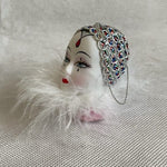 Vintage Porcelain Harlequin Clown Head Ornament Rhinestone Tiara White Feather