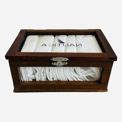 Nautica Wooden Keepsake Box with 6 White Men’s Fine Cotton Handkerchiefs NIB