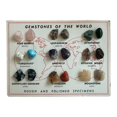 Vintage Gemstones of the World Display Card 9 Specimens 18 Rough Polished Stones