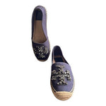 TORY BURCH Ines Embellished Logo Espadrille Flats Navy Canvas Size 5.5 NIB