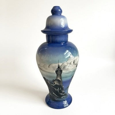 Vintage G.L. Hooton Signed Blue White Lighthouse Seascape Ceramic Decor 16" Tall