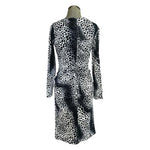 Carmen Marc Valvo Black Gray Leopard Print Ruched Midi Dress Women's Size M