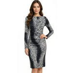 Carmen Marc Valvo Black Gray Leopard Print Ruched Midi Dress Women's Size M