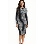 Carmen Marc Valvo Black Gray Leopard Print Ruched Midi Dress Women's Size M