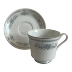 Christine Fine Porcelain China Japan Teacup Saucer Set Blue Floral Platinum VG