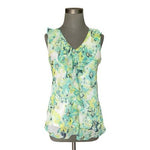 By & By Floral Ruffle Neck Sleeveless Top Lace Back Teal Yellow Womens M